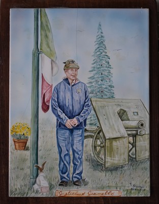Ceramiche d-Arte di Albisola - Piastra con ritratto di Socio del Gruppo delle Albissole.
Maiolica dipinta a mano incollata su tavola masello.